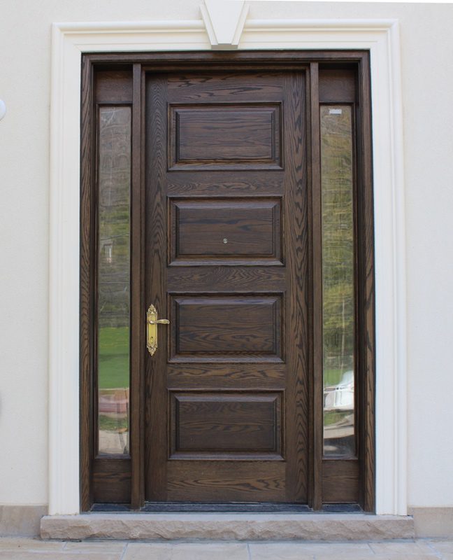 Classic solid wood single door with two side glass on corners