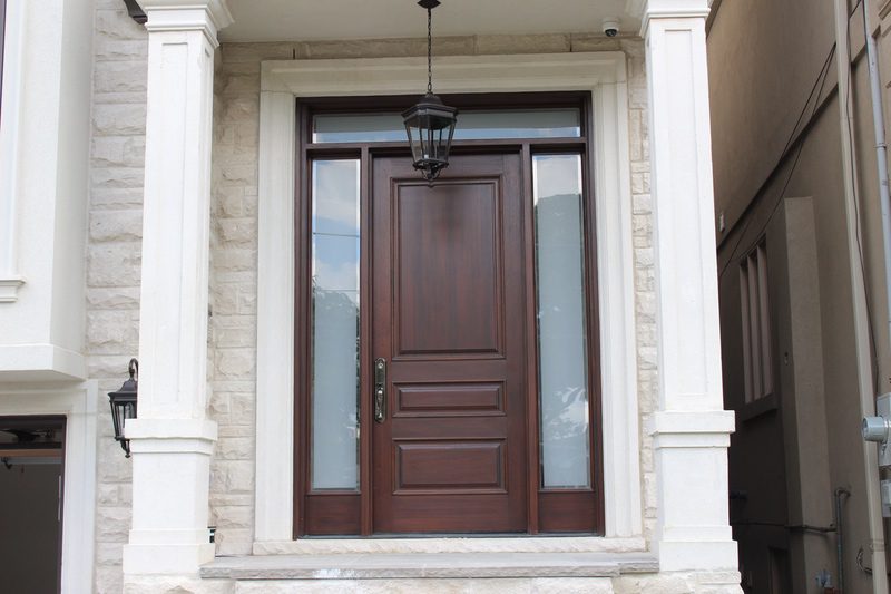 Classic solid wood single door with two side glass on corners