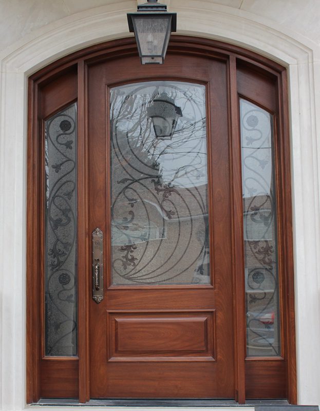 Classic single wood door with glass on corners and door