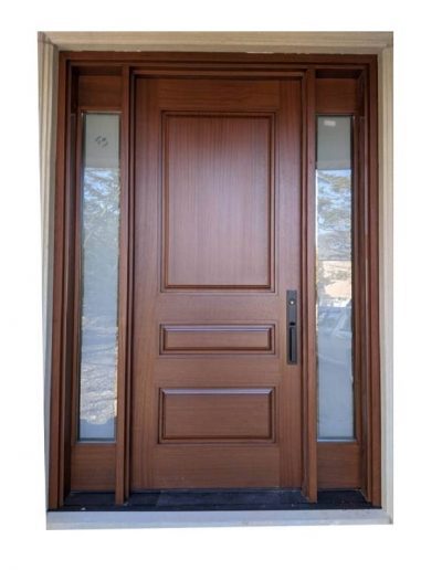 classic medium brown Wood Exterior Door with two sidelits