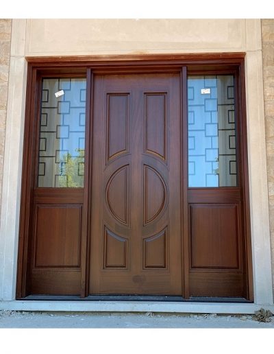 classic medium brown Wood Exterior Door with two sidelits