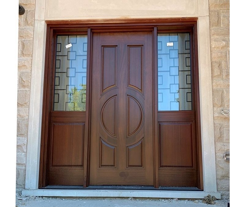 classic medium brown Wood Exterior Door with two sidelits