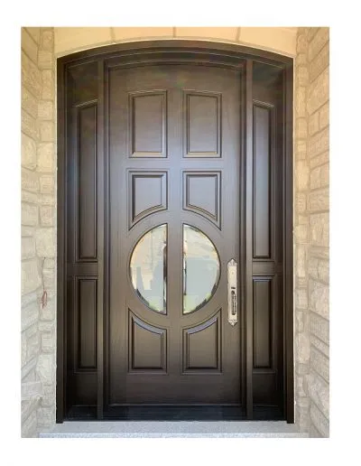 classic brown Wood Exterior Door with two sidelits