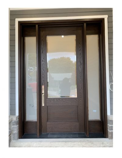 classic medium brown Wood Exterior Door with two sidelits