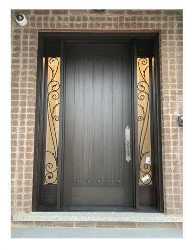 classic medium brown Wood Exterior Door with two sidelits