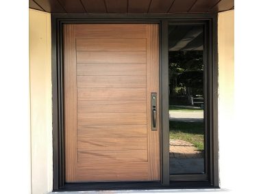 Modern Flat Light Brown Wood Exterior Door with one sidelit and horizontal grooves