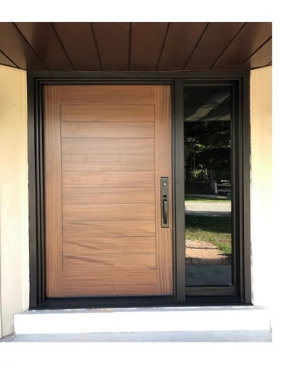 Modern Flat Light Brown Wood Exterior Door with one sidelit and horizontal grooves