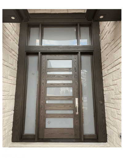 Modern Flat Dark Brown Wood Exterior Door with sidelits, transom and horizontal glass slots