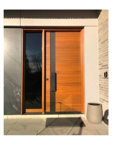 Modern light Brown Wood Exterior Door with one sidelit and horizontal grooves