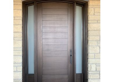 Modern Dark Brown Wood Exterior Door with Two sidelit and horizontal grooves