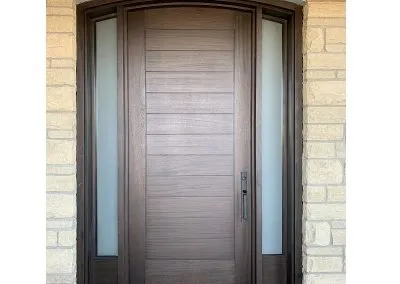 Modern Dark Brown Wood Exterior Door with Two sidelit and horizontal grooves