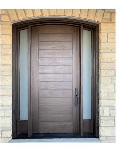 Modern Dark Brown Wood Exterior Door with Two sidelit and horizontal grooves