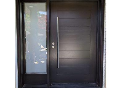 Modern Dark Brown Wood Exterior Door with one sidelit and horizontal grooves