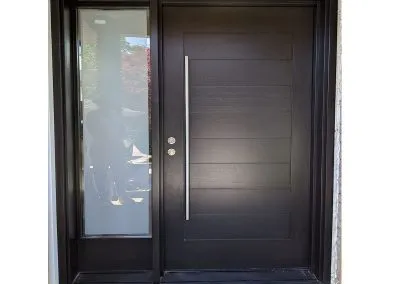 Modern Dark Brown Wood Exterior Door with one sidelit and horizontal grooves