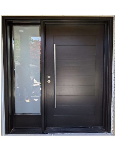 Modern Dark Brown Wood Exterior Door with one sidelit and horizontal grooves