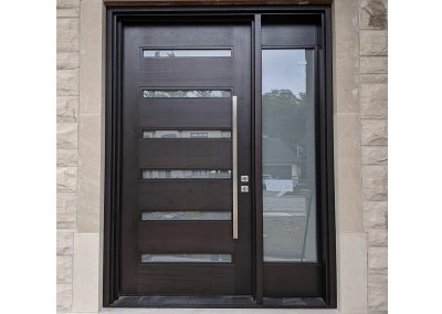 Modern Flat Dark Brown Wood Exterior Door with horizontal glass slots and one sidelit