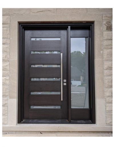 Modern Flat Dark Brown Wood Exterior Door with horizontal glass slots and one sidelit