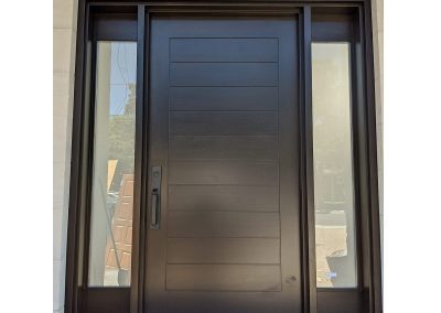 Modern Dark Brown Wood Exterior Door with two sidelit and horizontal grooves