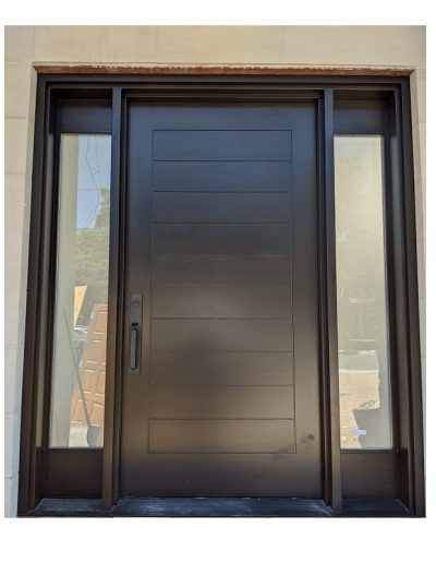Modern Dark Brown Wood Exterior Door with two sidelit and horizontal grooves