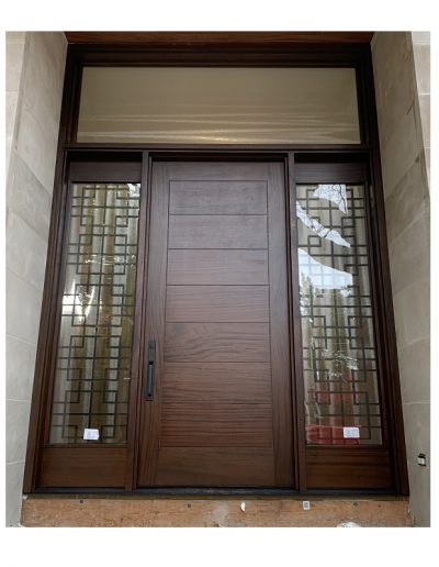 Modern Flat Dark Brown Wood Exterior Door with sidelits, decorative iron transom and horizontal grooves