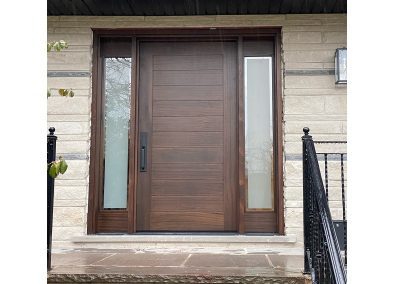 Modern Medium Brown Wood Exterior Door with Two sidelit and horizontal grooves
