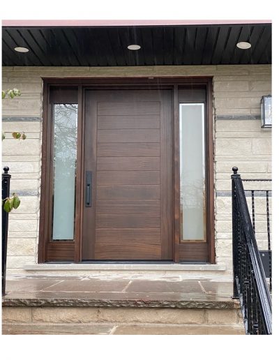 Modern Medium Brown Wood Exterior Door with Two sidelit and horizontal grooves