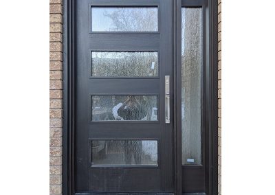 Modern Dark Brown Wood Exterior Door with one sidelit and horizontal Glasses