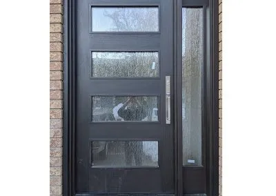 Modern Dark Brown Wood Exterior Door with one sidelit and horizontal Glasses