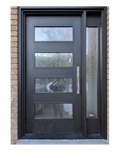 Modern Dark Brown Wood Exterior Door with one sidelit and horizontal Glasses