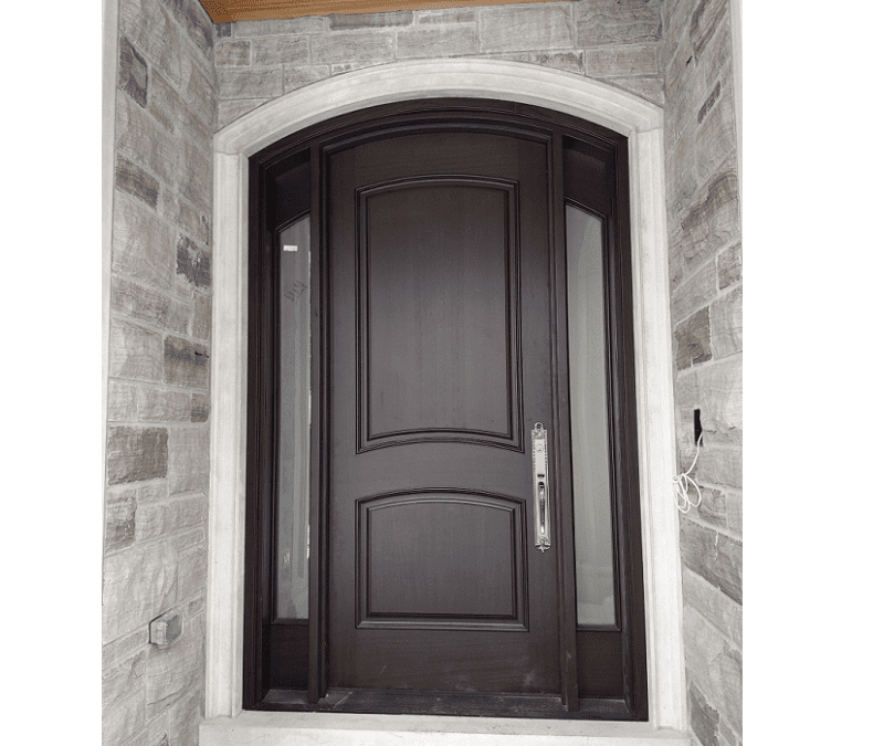 classic brown Wood Exterior Door with two sidelits