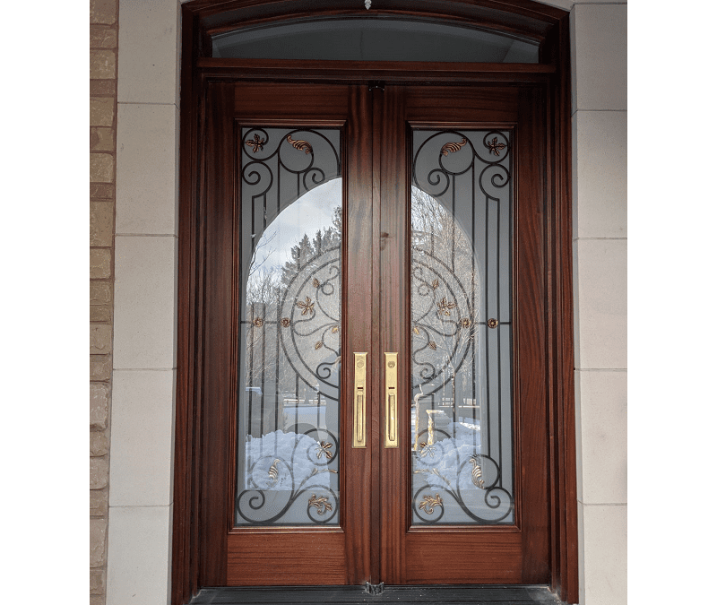 classic medium brown Wood double Exterior Door with transom