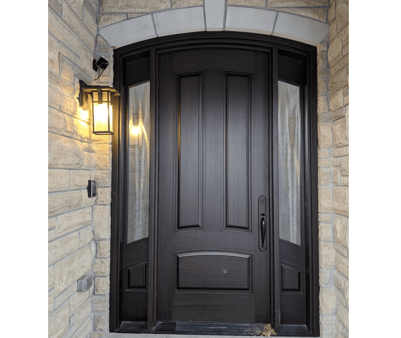 classic brown Wood Exterior Door with two sidelits