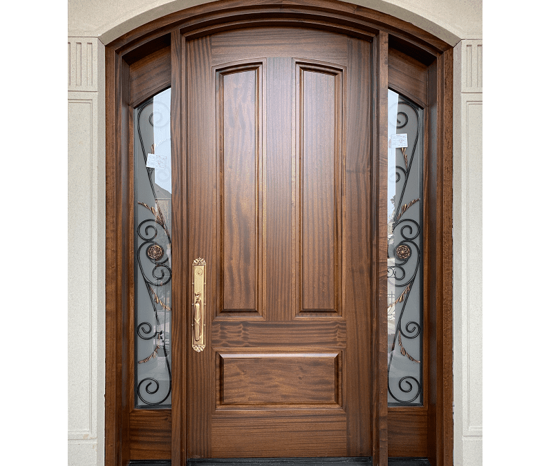 classic medium brown Wood Exterior Door with two sidelits