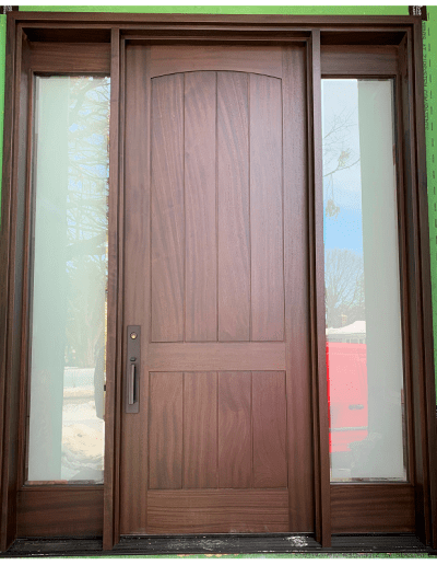 Transitional brown Wood Exterior Door with two sidelits