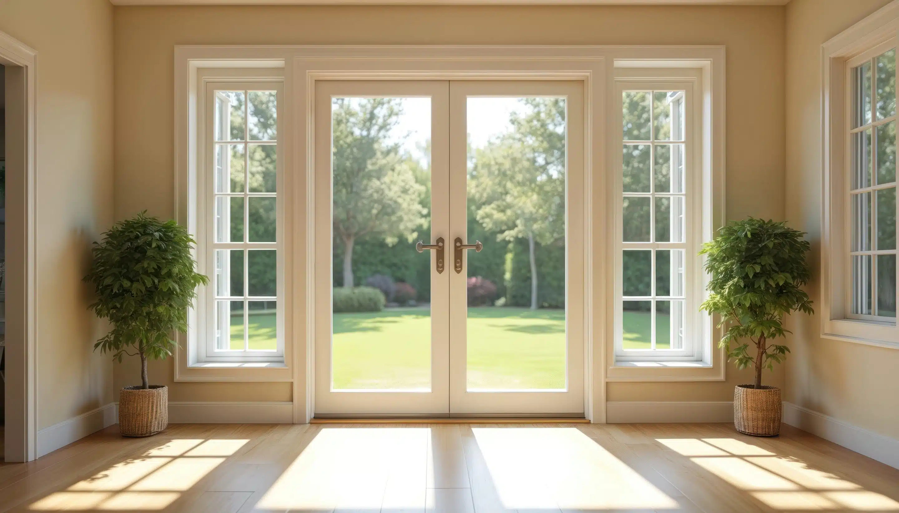 Double french patio doors lead to sunny backyard garden. House interior with natural light, wooden floor and evergreen plants decor. Comfortable exit to green grass lawn terrace. Upgrade Your Entryway: Modern Exterior French Door Styles for Canadian Homes